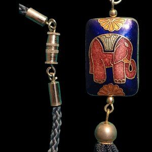Vintage Enamel Cloisonne Puffed Elephant Pendant Necklace Blue Tassel